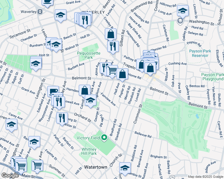 map of restaurants, bars, coffee shops, grocery stores, and more near 23 Hardy Avenue in Watertown