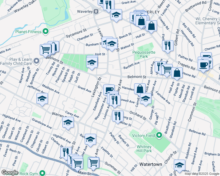 map of restaurants, bars, coffee shops, grocery stores, and more near 37 Harnden Avenue in Watertown