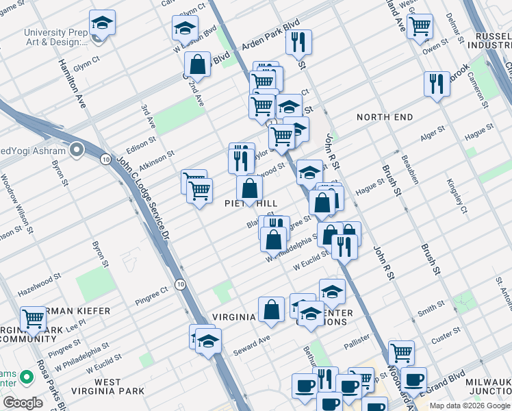 map of restaurants, bars, coffee shops, grocery stores, and more near 8825 2nd Avenue in Detroit