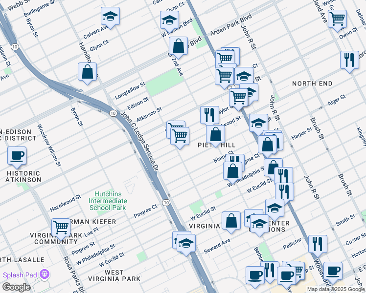 map of restaurants, bars, coffee shops, grocery stores, and more near 750 Hazelwood Street in Detroit