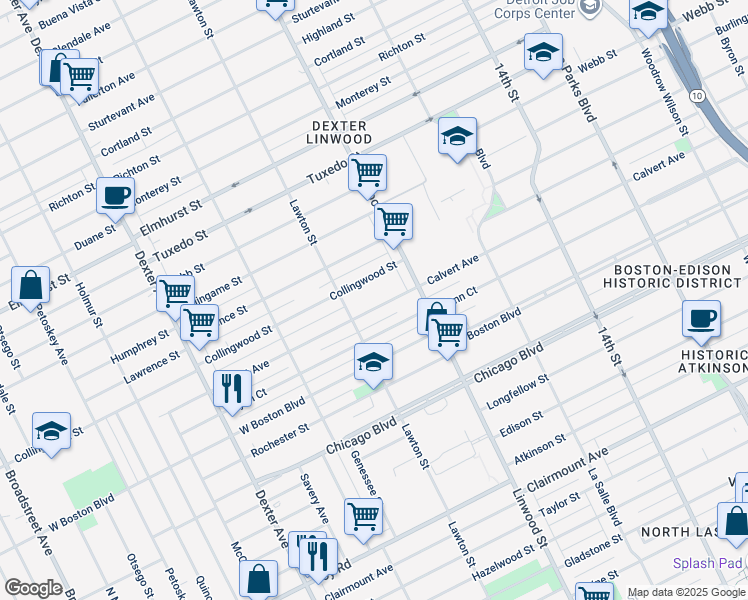 map of restaurants, bars, coffee shops, grocery stores, and more near 2711 Collingwood Street in Detroit
