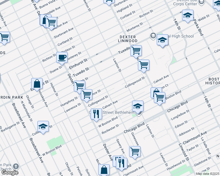 map of restaurants, bars, coffee shops, grocery stores, and more near 3044 Lawrence Street in Detroit