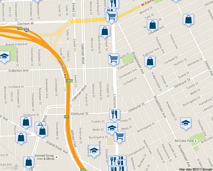 map of restaurants, bars, coffee shops, grocery stores, and more near 12309 Stoepel Street in Detroit