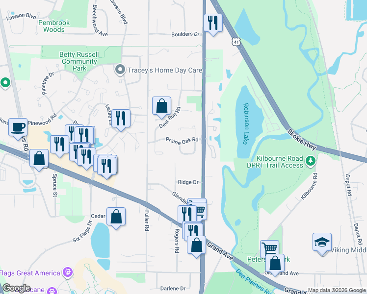 map of restaurants, bars, coffee shops, grocery stores, and more near 4969 Prairie Oak Road in Gurnee