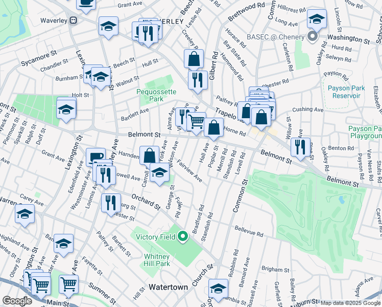 map of restaurants, bars, coffee shops, grocery stores, and more near 31 Hardy Avenue in Watertown