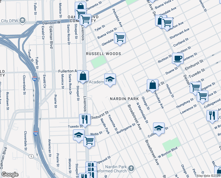 map of restaurants, bars, coffee shops, grocery stores, and more near 12121 Broadstreet Avenue in Detroit
