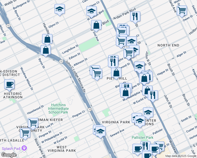 map of restaurants, bars, coffee shops, grocery stores, and more near 750 Hazelwood Street in Detroit