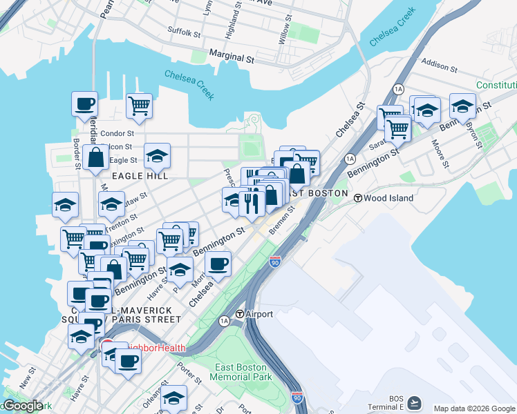 map of restaurants, bars, coffee shops, grocery stores, and more near 416 Saratoga Street in Boston
