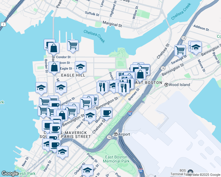 map of restaurants, bars, coffee shops, grocery stores, and more near 242 Princeton Street in Boston