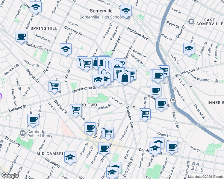 map of restaurants, bars, coffee shops, grocery stores, and more near 285 Washington Street in Somerville