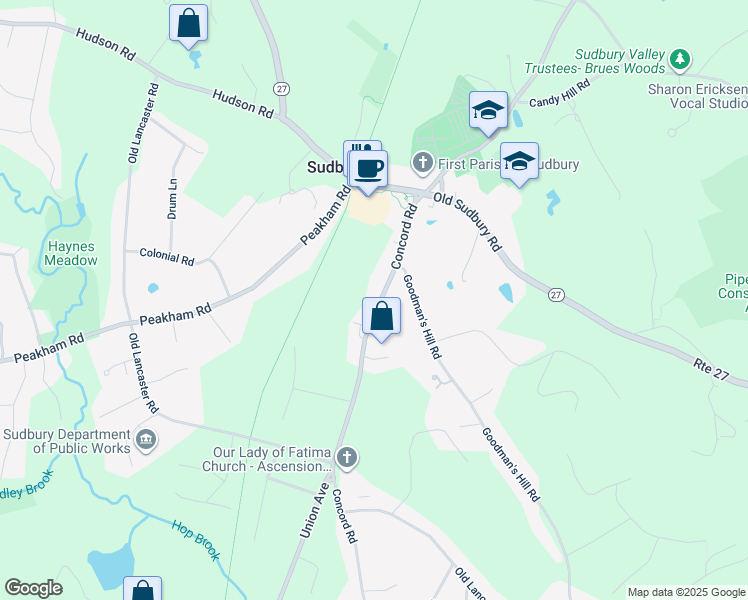 map of restaurants, bars, coffee shops, grocery stores, and more near 257 Concord Road in Sudbury