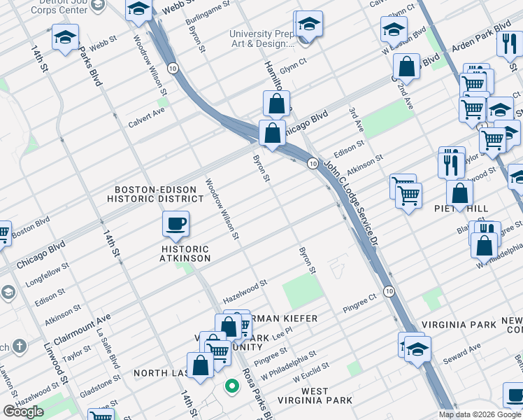 map of restaurants, bars, coffee shops, grocery stores, and more near 1459 Edison Street in Detroit