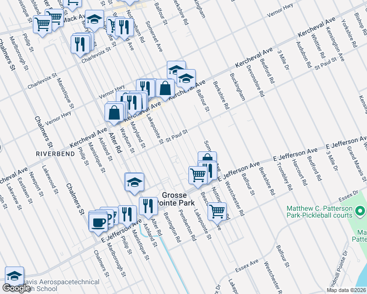 map of restaurants, bars, coffee shops, grocery stores, and more near 1072 Beaconsfield Avenue in Grosse Pointe Park