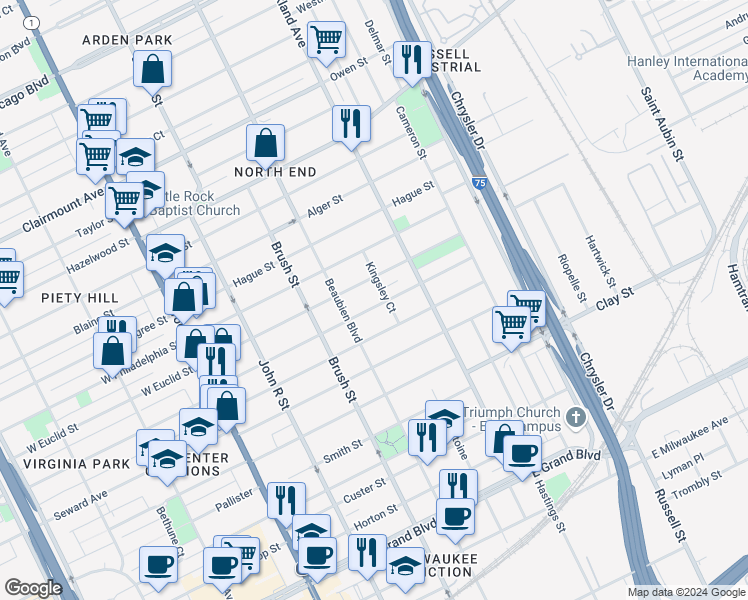 map of restaurants, bars, coffee shops, grocery stores, and more near 603 Melbourne Street in Detroit