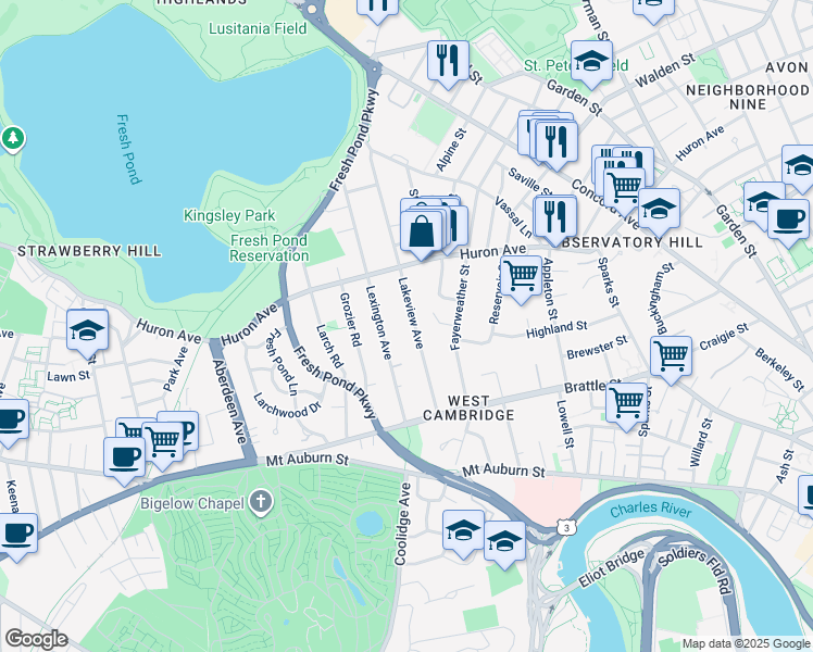 map of restaurants, bars, coffee shops, grocery stores, and more near 102 Lakeview Avenue in Cambridge