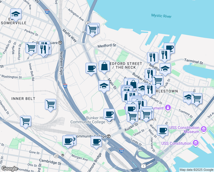 map of restaurants, bars, coffee shops, grocery stores, and more near Essex Street in Boston