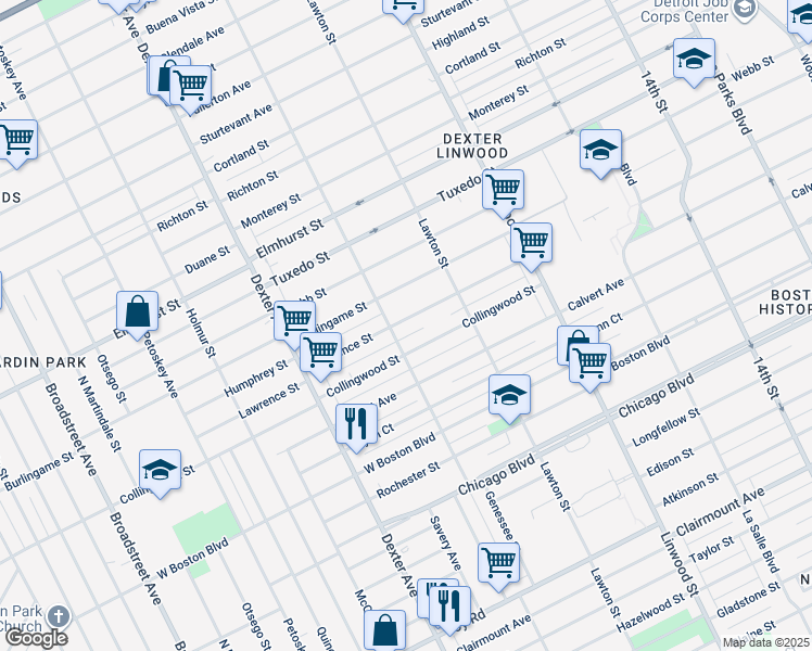 map of restaurants, bars, coffee shops, grocery stores, and more near 3044 Lawrence Street in Detroit