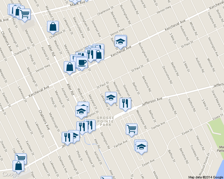 map of restaurants, bars, coffee shops, grocery stores, and more near 1080 Beaconsfield Avenue in Grosse Pointe Park