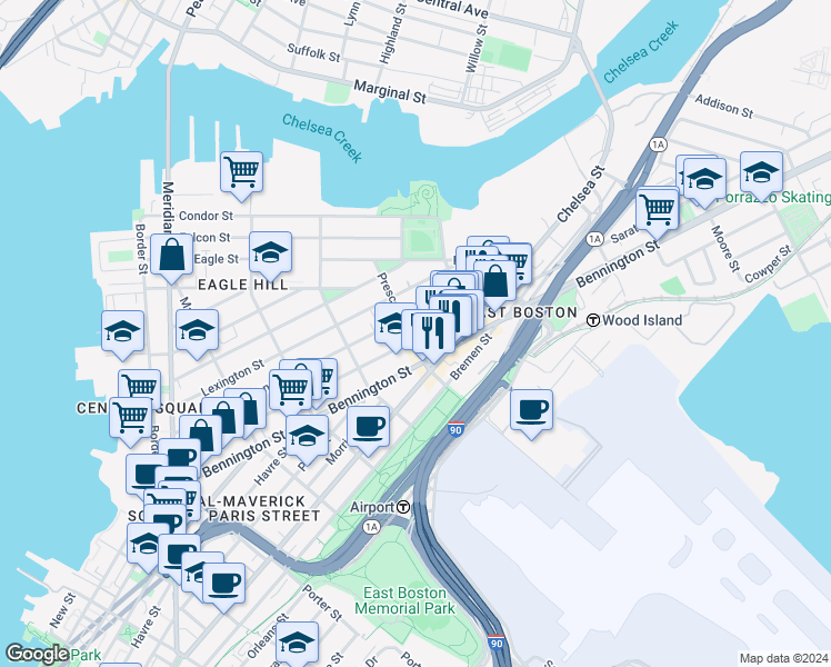 map of restaurants, bars, coffee shops, grocery stores, and more near 402 Saratoga Street in Boston