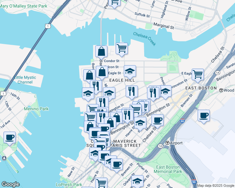 map of restaurants, bars, coffee shops, grocery stores, and more near 61 Eutaw Street in Boston