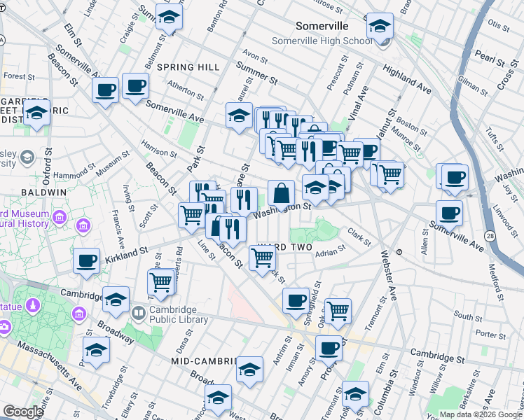 map of restaurants, bars, coffee shops, grocery stores, and more near 8 Leland Street in Somerville