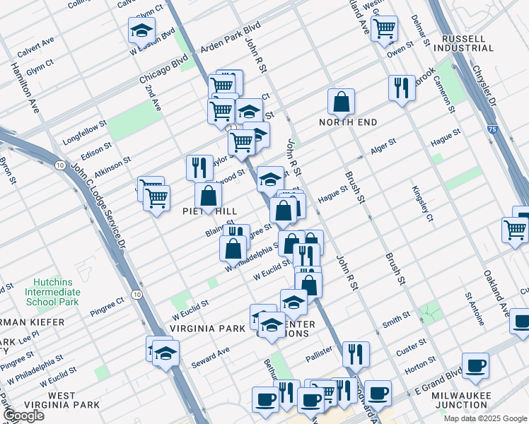 map of restaurants, bars, coffee shops, grocery stores, and more near 50 Blaine Street in Detroit