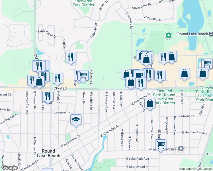 map of restaurants, bars, coffee shops, grocery stores, and more near 10 E Rollins Rd in Round Lake Beach