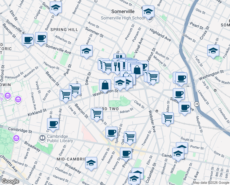 map of restaurants, bars, coffee shops, grocery stores, and more near 307 Washington Street in Somerville