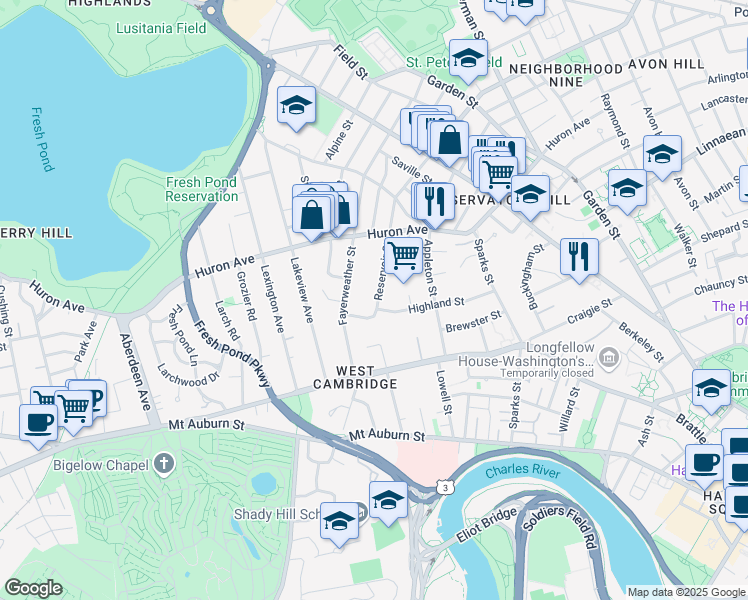 map of restaurants, bars, coffee shops, grocery stores, and more near 25 Reservoir Street in Cambridge