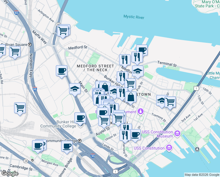 map of restaurants, bars, coffee shops, grocery stores, and more near 30 Russell Street in Boston