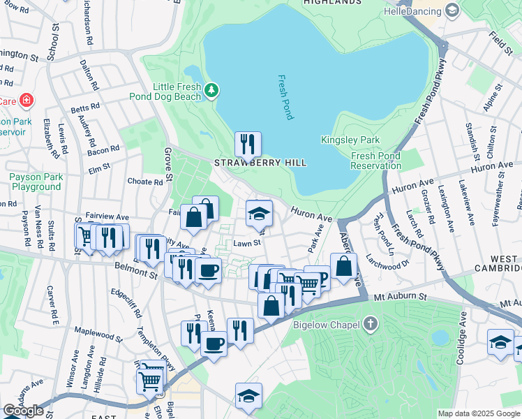 map of restaurants, bars, coffee shops, grocery stores, and more near 161 Cushing Street in Cambridge