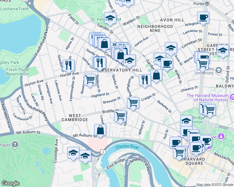 map of restaurants, bars, coffee shops, grocery stores, and more near 2 Highland Street in Cambridge