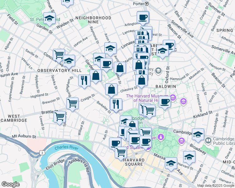 map of restaurants, bars, coffee shops, grocery stores, and more near 24 Chauncy Street in Cambridge