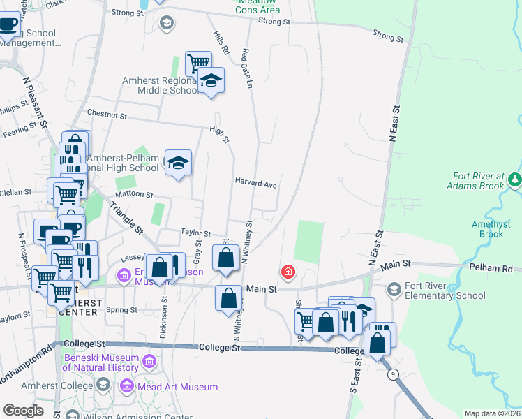 map of restaurants, bars, coffee shops, grocery stores, and more near 14 Grove Street in Amherst
