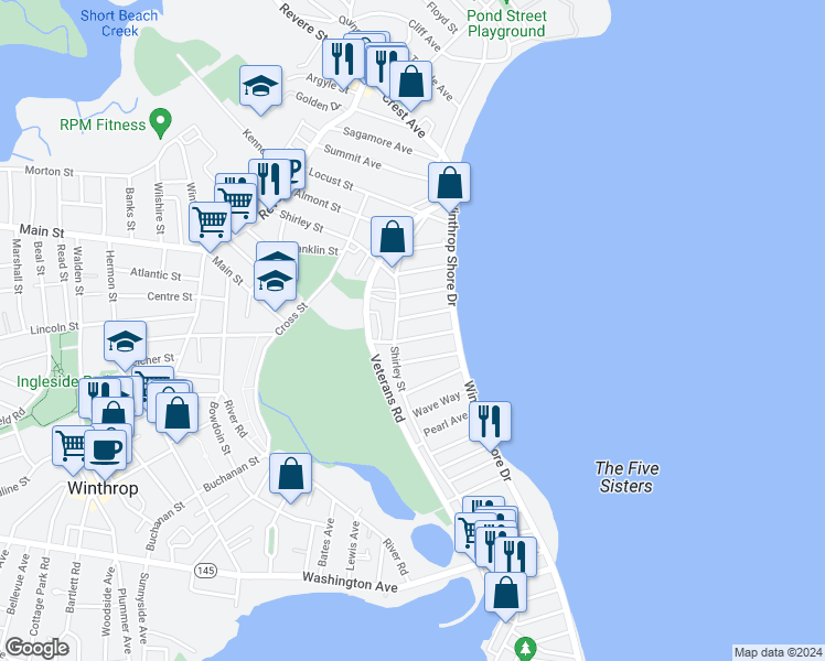 map of restaurants, bars, coffee shops, grocery stores, and more near 19 Mermaid Avenue in Winthrop