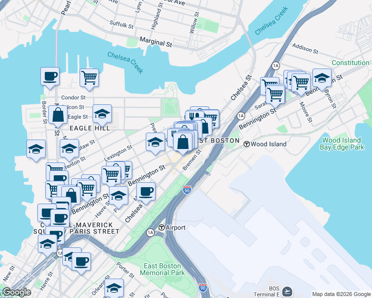 map of restaurants, bars, coffee shops, grocery stores, and more near 390 Chelsea Street in Boston