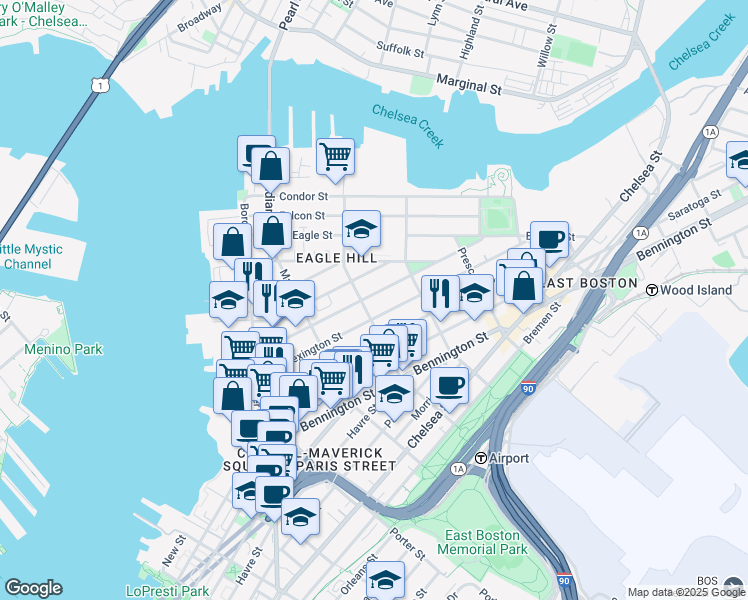 map of restaurants, bars, coffee shops, grocery stores, and more near 166 Brooks Street in Boston