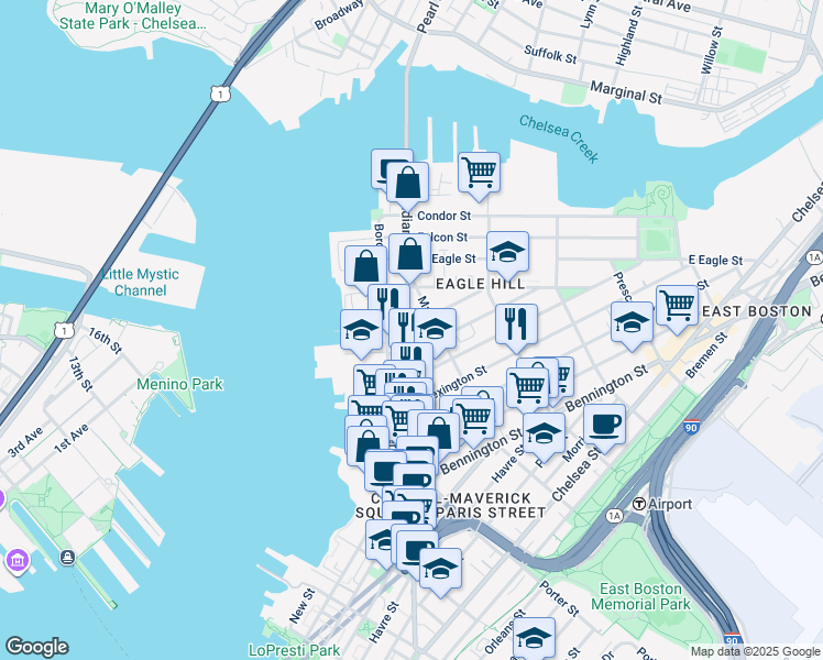 map of restaurants, bars, coffee shops, grocery stores, and more near 13 Monmouth Street in Boston