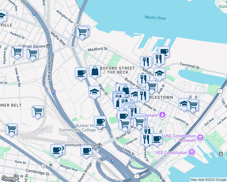 map of restaurants, bars, coffee shops, grocery stores, and more near 46 Walker Street in Boston