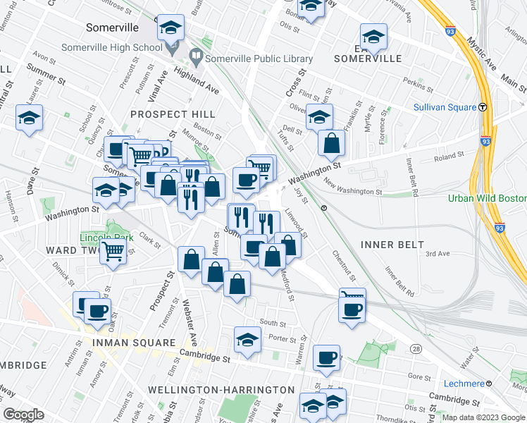 map of restaurants, bars, coffee shops, grocery stores, and more near 192 Washington Street in Somerville