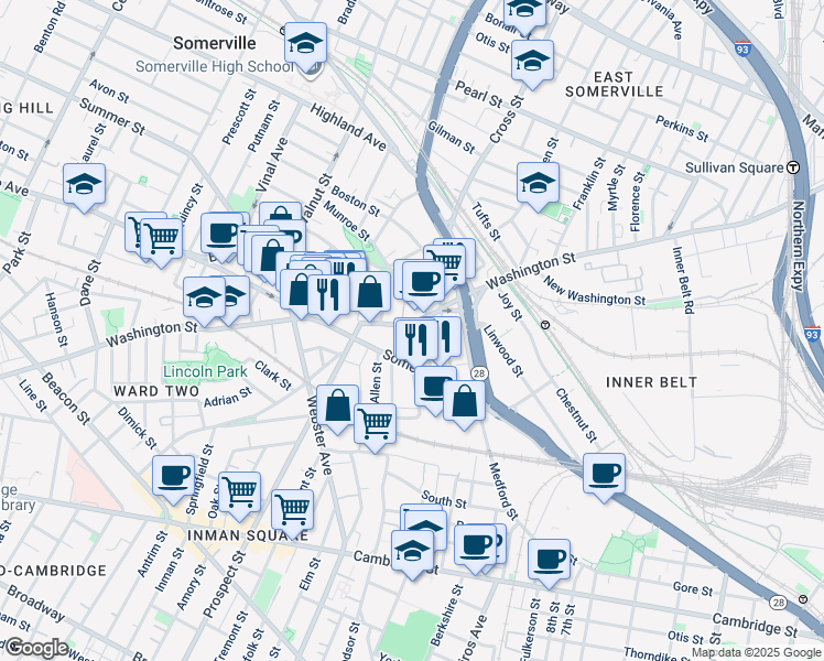 map of restaurants, bars, coffee shops, grocery stores, and more near in Somerville