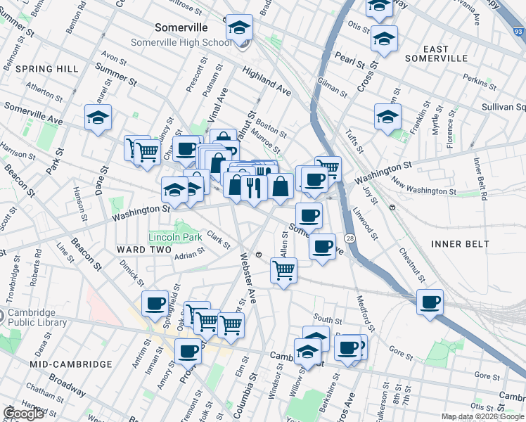 map of restaurants, bars, coffee shops, grocery stores, and more near 251 Washington Street in Somerville