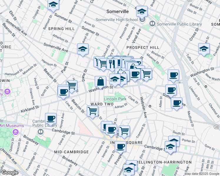 map of restaurants, bars, coffee shops, grocery stores, and more near 307 Washington Street in Somerville