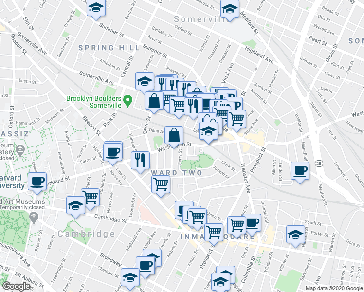 map of restaurants, bars, coffee shops, grocery stores, and more near 329 Washington Street in Somerville