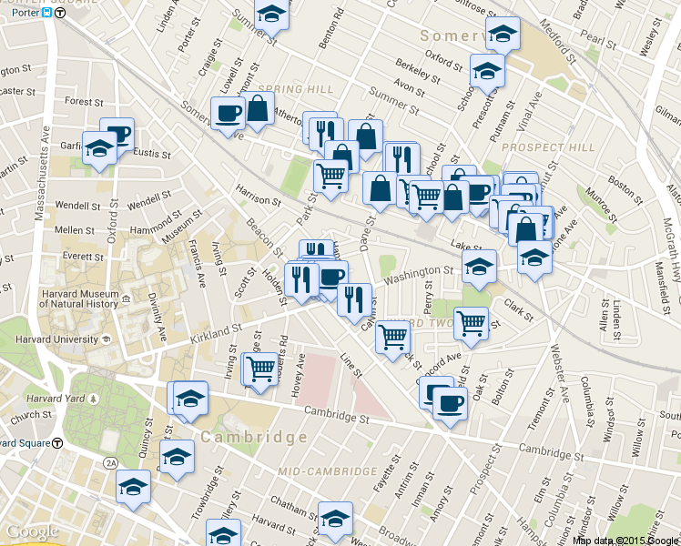 map of restaurants, bars, coffee shops, grocery stores, and more near 7 Durham Street in Somerville