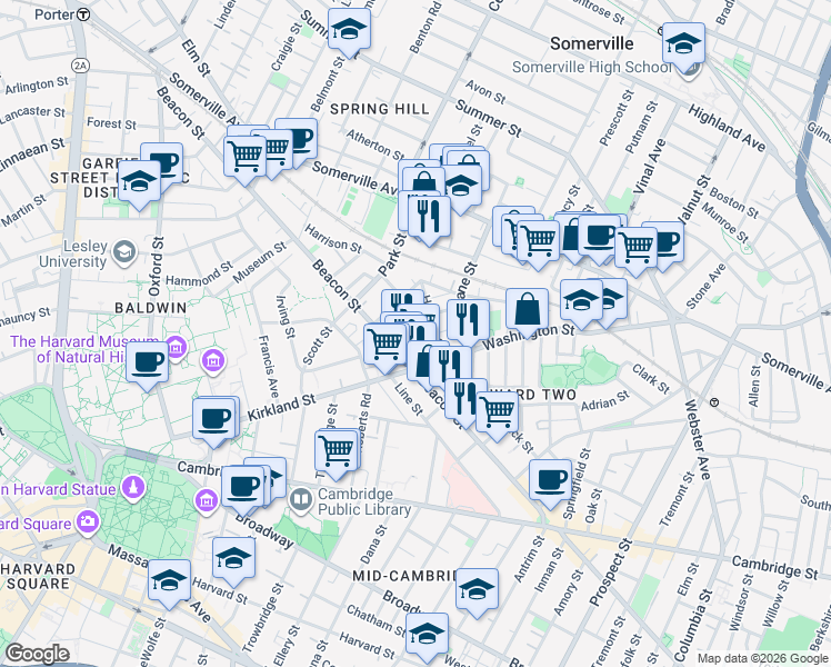 map of restaurants, bars, coffee shops, grocery stores, and more near 7 Durham Street in Somerville