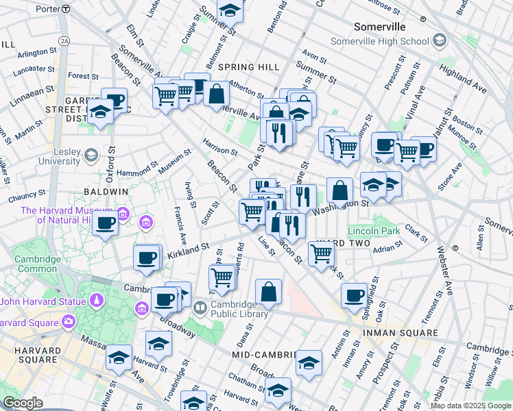 map of restaurants, bars, coffee shops, grocery stores, and more near 161 Beacon Street in Somerville