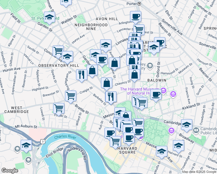 map of restaurants, bars, coffee shops, grocery stores, and more near 2 Walker Street Place in Cambridge