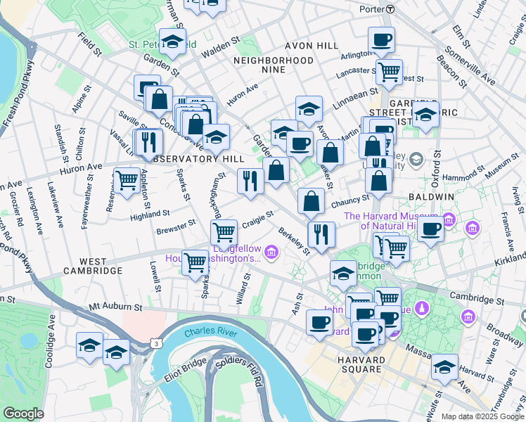 map of restaurants, bars, coffee shops, grocery stores, and more near 36 Concord Avenue in Cambridge