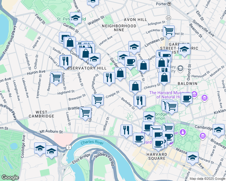 map of restaurants, bars, coffee shops, grocery stores, and more near 36 Concord Avenue in Cambridge